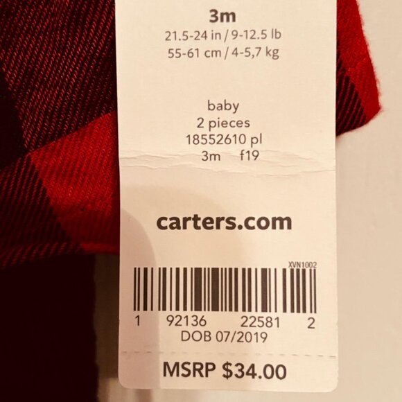 Carter’s Baby Girl 2-Piece Buffalo Plaid Top & Corduroy Pants Set 3M - Picture 6 of 6